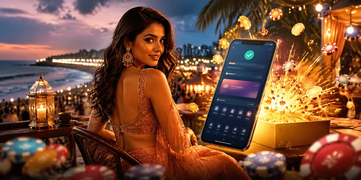 Young Indian user betting on mobile phone near Chennai beach