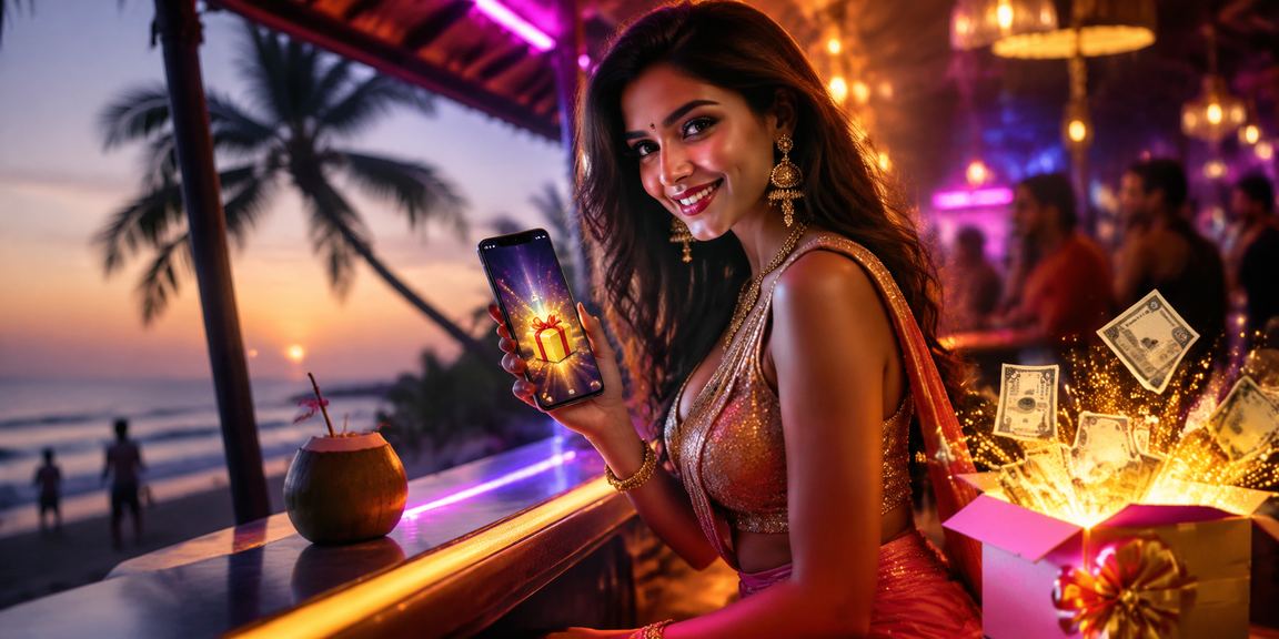 Goa beach with casino app on mobile phone in Bollywood style