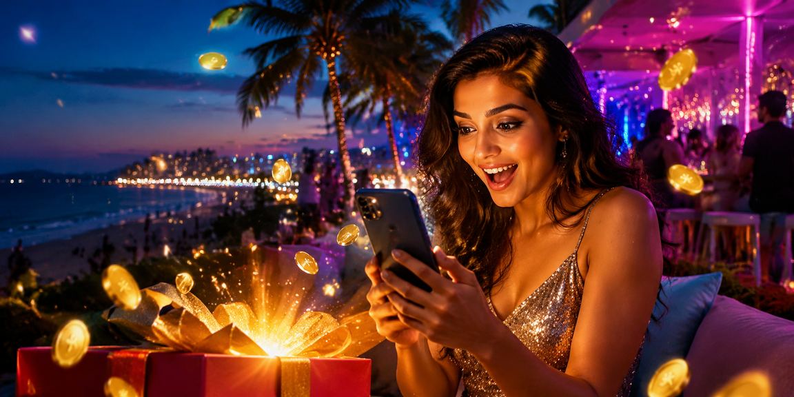Young Indian player enjoying live casino games on mobile at a Goa beach