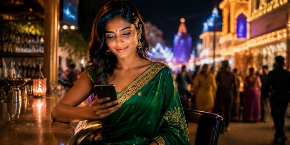 Indian woman enjoying live casino games on a mobile device at home