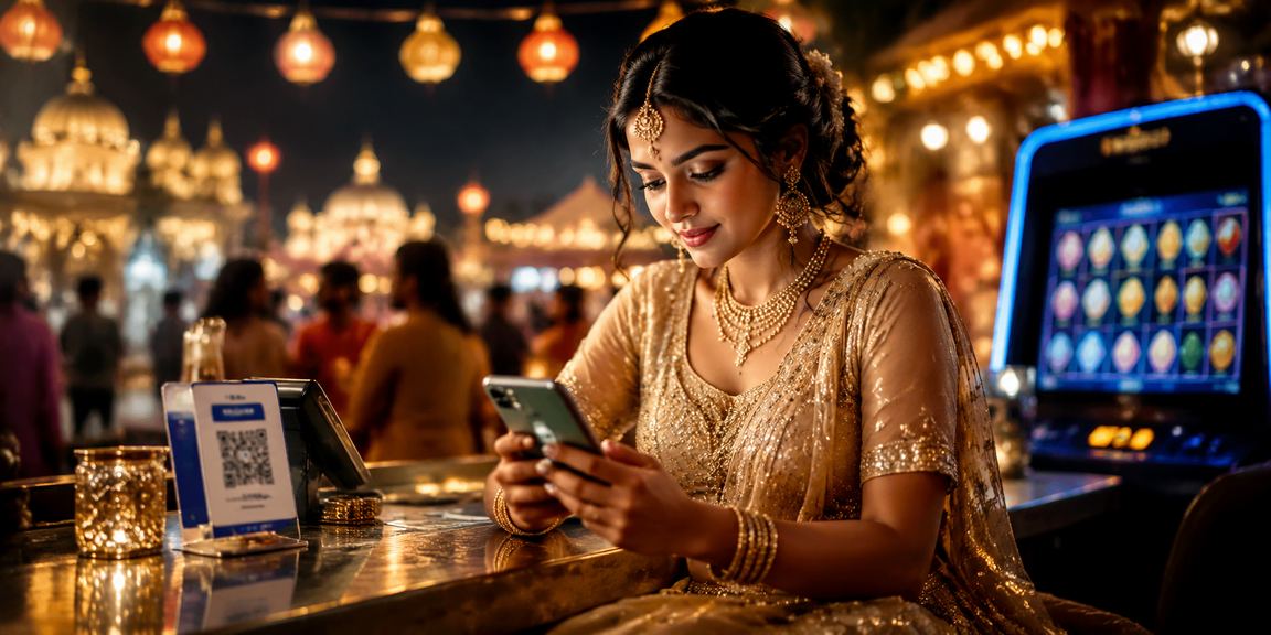Indian woman using mobile payment apps in traditional attire for online gaming deposits