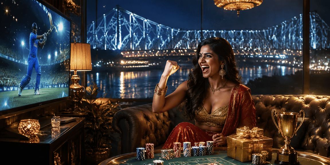 Kolkata Howrah bridge with cricket fans enjoying online betting