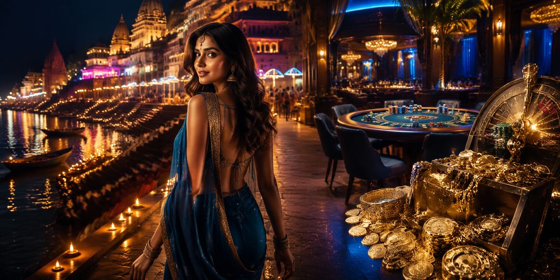Night view of Varanasi ghats with lottery tickets